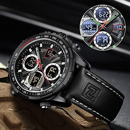 HOTNAVIFORCE Men's Military Digital Watches Analog Quartz Waterproof Watch Sport Multifunctional Leather Wristwatch