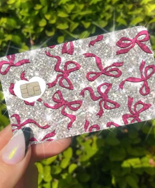HOTExotixCard The Original Reflective Sticker Ultra Bling Debit - Credit Card Shiny Skin Removable Cover Especially Bright Back Information Card Cover Silver Heart ExotixLuv Luxury (Bow Pink Hot)