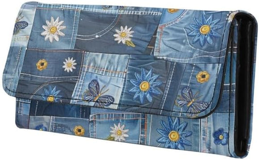 HOTNovelty Jeans Print Womens Wallets Leather Clutch, Vintage Denim Block Patch Design Long Wallet for Women Blue Credit Card Holder with Coin Purse ID Window