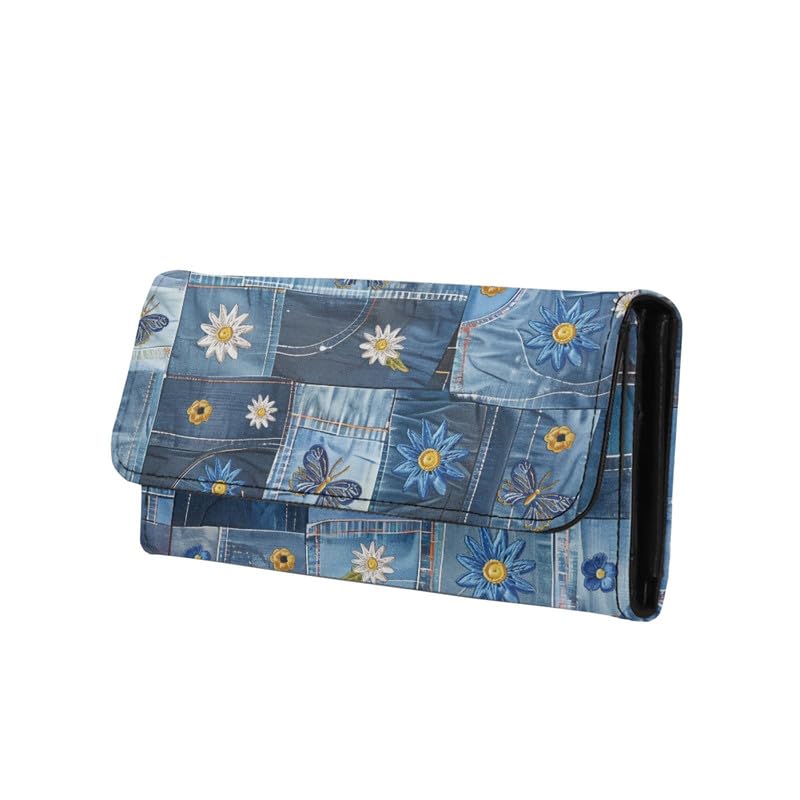 HOTNovelty Jeans Print Womens Wallets Leather Clutch, Vintage Denim Block Patch Design Long Wallet for Women Blue Credit Card Holder with Coin Purse ID Window