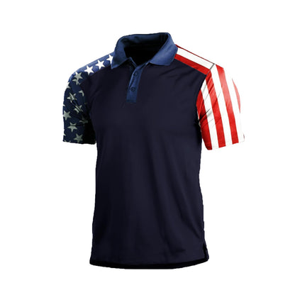 HOTMen's Polo Shirt Short Sleeve Quick Dry American Flag Print Graphic Split Color Golf Shirt for Sport