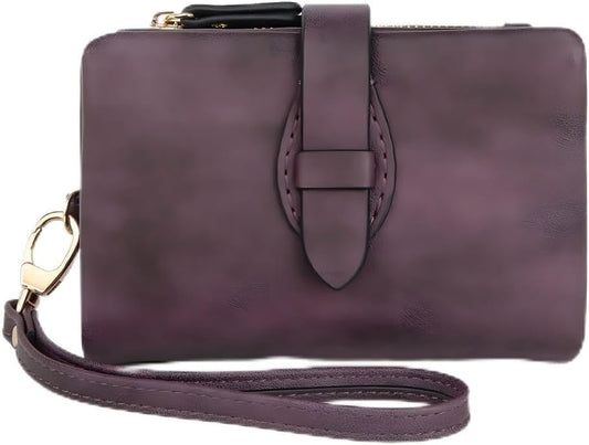 HOTSmall RFID Blocking Wristlet Wallet for Women – Soft PU Leather Bifold Trifold Wallet with 16 Card Slots, ID Window, Zipper Coin Pocket & Money Holder (Purple)