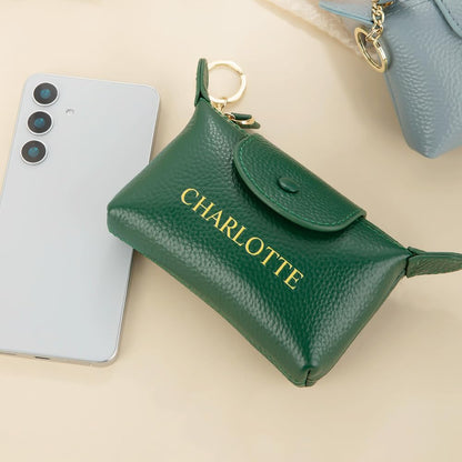 HOTCALLIE Personalized Leather Coin Purse with Keychain - Custom Name on Small Coin Pouch Change Holder - Birthday Teacher's Day Christmas Gifts for Women