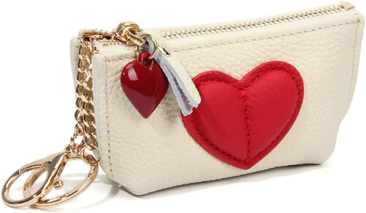 HOTRejolly Coin Pouch Purse for Women Girls Real Leather Mini Change Wallet With Keychain Key Ring Cute Heart Attachment for Purse Cream White