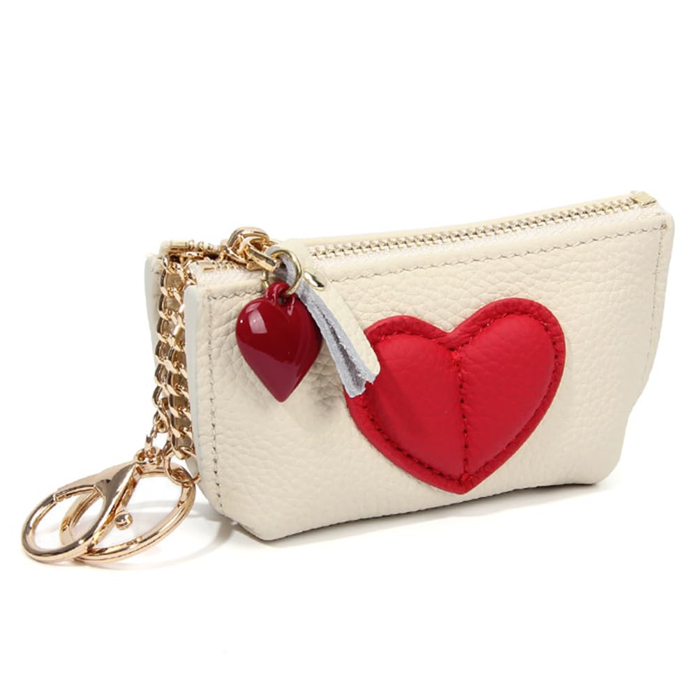 HOTRejolly Coin Pouch Purse for Women Girls Real Leather Mini Change Wallet With Keychain Key Ring Cute Heart Attachment for Purse Cream White