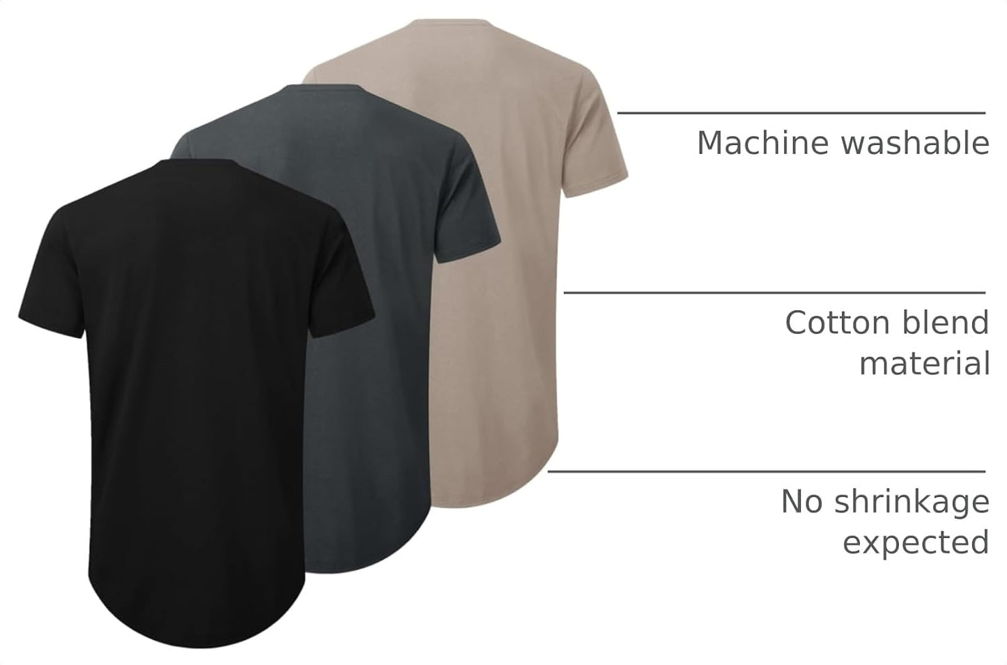HOTMens 3 Pack Plain Cotton Shirts Short Sleeve Casual Crew Neck T-Shirts Hipster Hip Hop Longline Tees Drop Cut Curved Hem