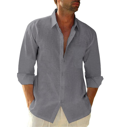 HOTJEKAOYI Button Down Linen Shirts for Men Casual Long Sleeve Regular Fit Cotton Beach Shirts with Pocket