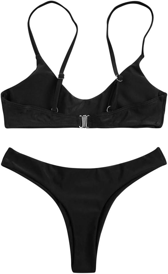 HOTSherryDC Women's Solid Scoop Neck Push Up Padded Brazilian Thong Bikini Swimsuit Bathing Suit