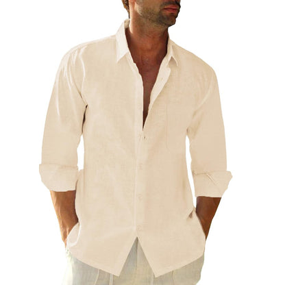 HOTJEKAOYI Button Down Linen Shirts for Men Casual Long Sleeve Regular Fit Cotton Beach Shirts with Pocket