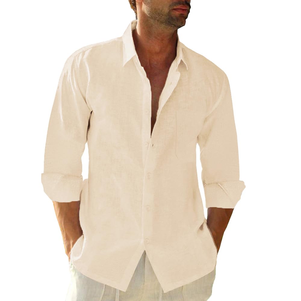 HOTJEKAOYI Button Down Linen Shirts for Men Casual Long Sleeve Regular Fit Cotton Beach Shirts with Pocket