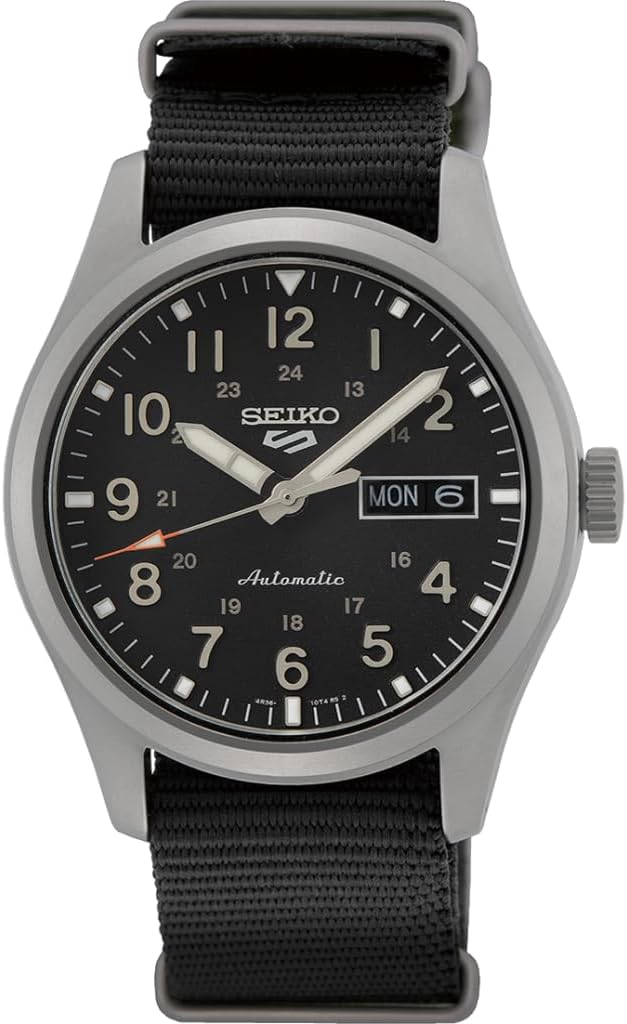 HOTSEIKO SRPG37 Watch for Men - 5 Sports - Automatic with Manual Winding Movement, Black Dial, Stainless Steel Case, Black Nylon Strap, 100m Water Resistant, and Day/Date Display