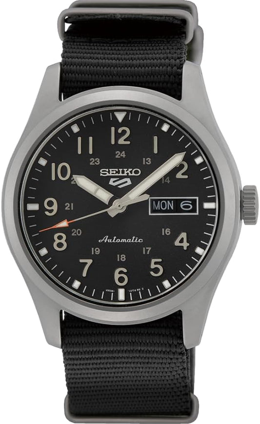 HOTSEIKO SRPG37 Watch for Men - 5 Sports - Automatic with Manual Winding Movement, Black Dial, Stainless Steel Case, Black Nylon Strap, 100m Water Resistant, and Day/Date Display