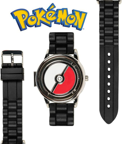 HOTPokémon Spinner Top Analog Watch for Kids – Features Iconic Poké Ball Spinner, Silver Metal Case, Comfortable Silicone Strap, and Pikachu Dial Art, Perfect for Pokémon Fans and Collectors