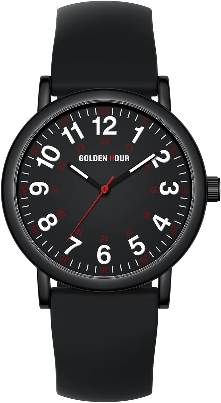 HOTGOLDEN HOUR Waterproof Nurse Watch for Medical Professionals, Students Women Men - Military Time Luminouse Easy Read Dial, 24 Hour with Second Hand, Colorful Silicone Band