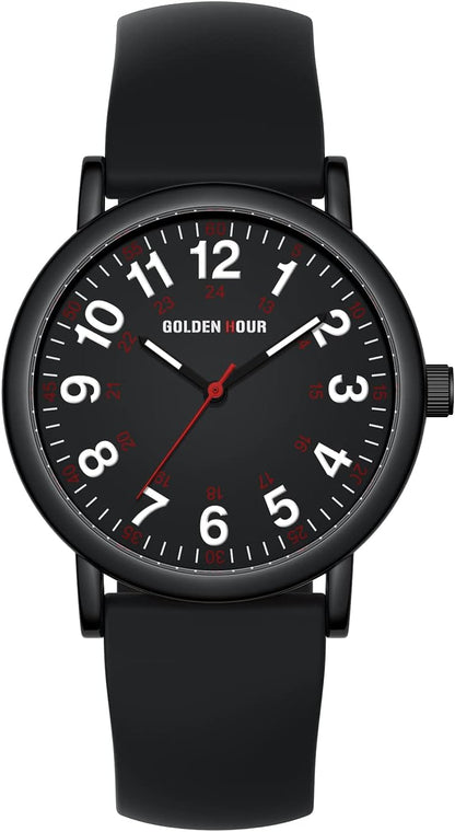HOTGOLDEN HOUR Waterproof Nurse Watch for Medical Professionals, Students Women Men - Military Time Luminouse Easy Read Dial, 24 Hour with Second Hand, Colorful Silicone Band