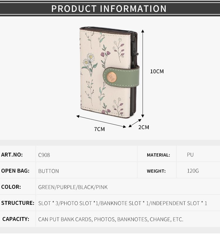 HOTRFID Blocking Trifold Women's Wallet, Slim Floral Leather Card Holder with Multiple Card Slots (Purple)