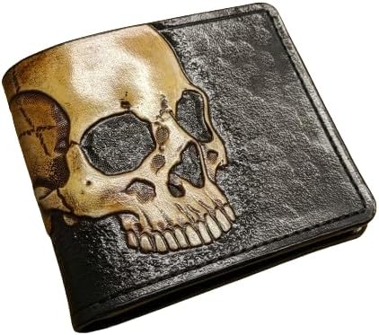 HOTTheodoros Gothic Skull Leather Wallet for Men – Dark Fantasy Skeleton Design – RFID Genuine Leather Bifold Biker Wallet, Embossed, Carved, Tooled & Painted Wallet, Custom Personalized Gift