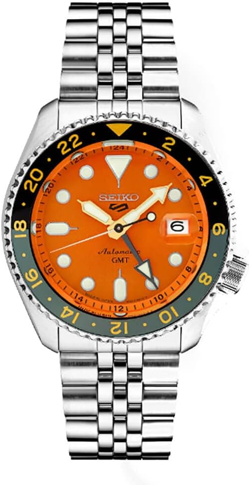 HOTSeiko SSK005 Automatic Watch for Men - 5 -Sports - Orange Dial with Date Calendar and Luminous Hands & Markers and Gray GMT Bezel, 100m Water-Resistant