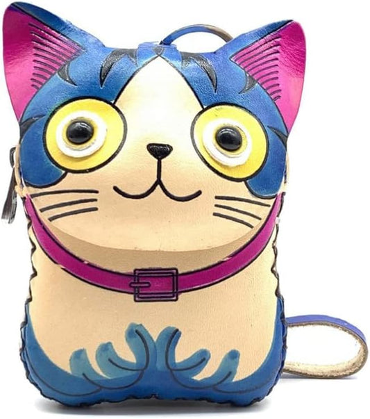 HOTHandmade Leather 3D Cat Coin Purse With Removable Wrist Strap (Blue)