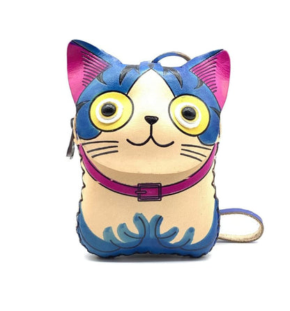 HOTHandmade Leather 3D Cat Coin Purse With Removable Wrist Strap (Blue)