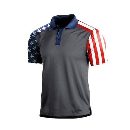 HOTMen's Polo Shirt Short Sleeve Quick Dry American Flag Print Graphic Split Color Golf Shirt for Sport