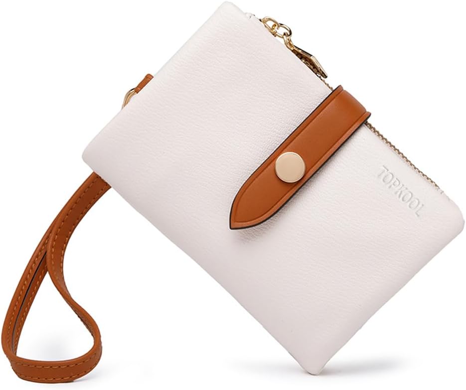 HOTWallets for Women Small Bifold Rfid Leather Ladies Wallets,Compact Wristlet Womens Billfold,Trifold Card Holder with Multi Credit Card Slot Zipper Coin Pocket and Wrist Strap(White)