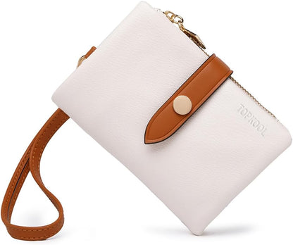 HOTWallets for Women Small Bifold Rfid Leather Ladies Wallets,Compact Wristlet Womens Billfold,Trifold Card Holder with Multi Credit Card Slot Zipper Coin Pocket and Wrist Strap(White)