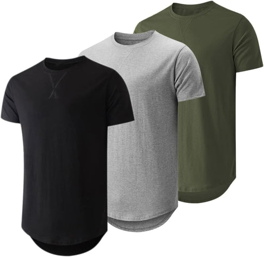 HOTJMIERR Mens 3 Pack Cotton Hipster Hip Hop Longline Crewneck T-Shirt