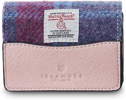 HOTIslander The Card Case - Made of Microfibre Leather & Harris Tweed, 4.13'x3.14' (Pink and Blue Tartan)