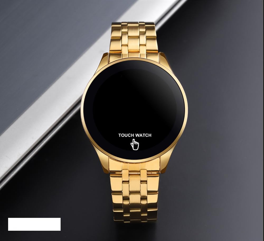 HOTPASOY Touch Screen Digital LED Watch Green Highlight Backlight Stainless Steel WatchBand Waterproof Casual Sport Mens Womens Boys Watch (Gold)