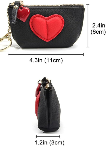 HOTRejolly Coin Pouch Purse for Women Girls Real Leather Mini Change Wallet With Keychain Key Ring Cute Heart Attachment for Purse Cream White