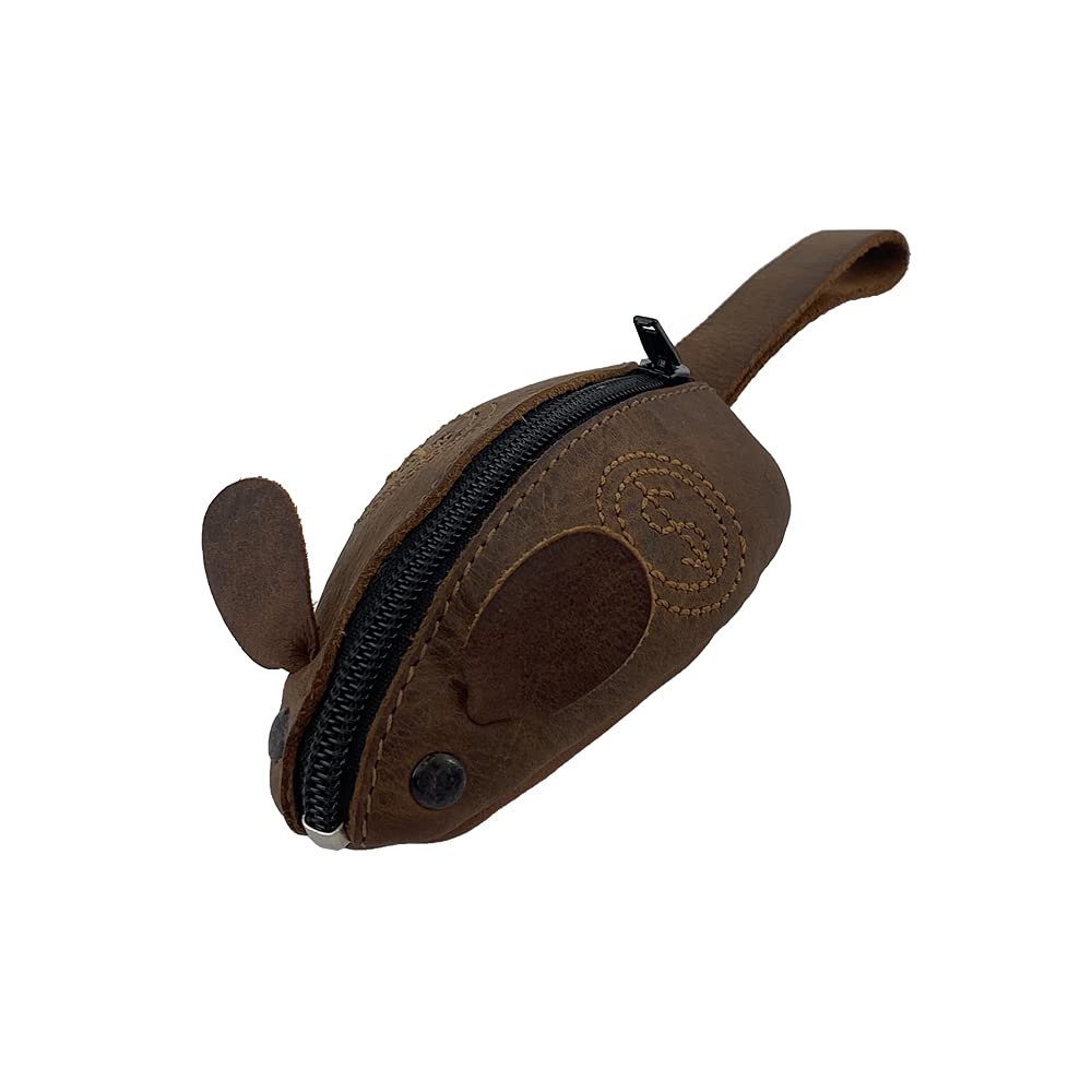 HOTHide & Drink, Mouse-Shaped Coin Pouch, Change Pouch, Pocket Case for Coins, Travel Accessory, Full Grain Leather, Handmade, Bourbon Brown