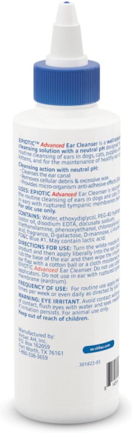 HOTEpiotic Advanced Ear Cleanser|Gentle Ear Cleanser for Dogs and Cats | Neutral pH routine dog ear wash and cat ear cleaner dries wet ears, cleanses wax & debris to smell fresh and clean