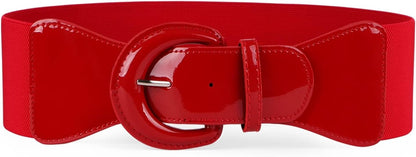 HOTJASGOOD Women Wide Stretch Belt,Vintage Chunky Buckle Elastic Waist Belts Patent Leather Belt 50s Belt for Dress
