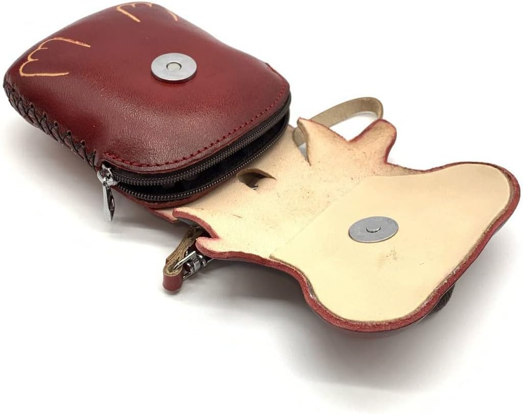HOTVintage Genuine Leather 3D Animal Bull Coin Purse with keyring & Removable wrist strap (Red)