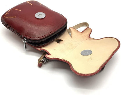 HOTVintage Genuine Leather 3D Animal Bull Coin Purse with keyring & Removable wrist strap (Red)