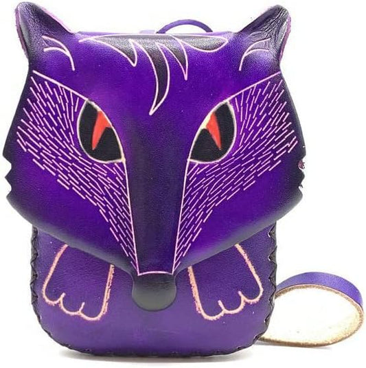 HOTHandmade Vintage Genuine Leather 3D Fox Animal Coin Purse With Removable Wrist Strap (Purple)