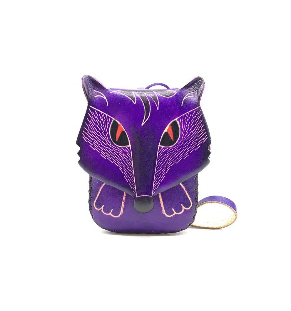 HOTHandmade Vintage Genuine Leather 3D Fox Animal Coin Purse With Removable Wrist Strap (Purple)