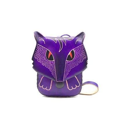 HOTHandmade Vintage Genuine Leather 3D Fox Animal Coin Purse With Removable Wrist Strap (Purple)