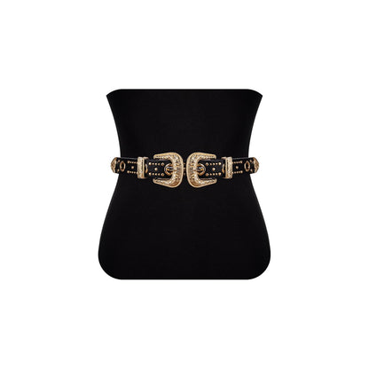 HOTDubulle Womens Belt Chain Leather Belts Vintage Western Adjustable Elastic Double Buckle for Cowboy Pant Dress