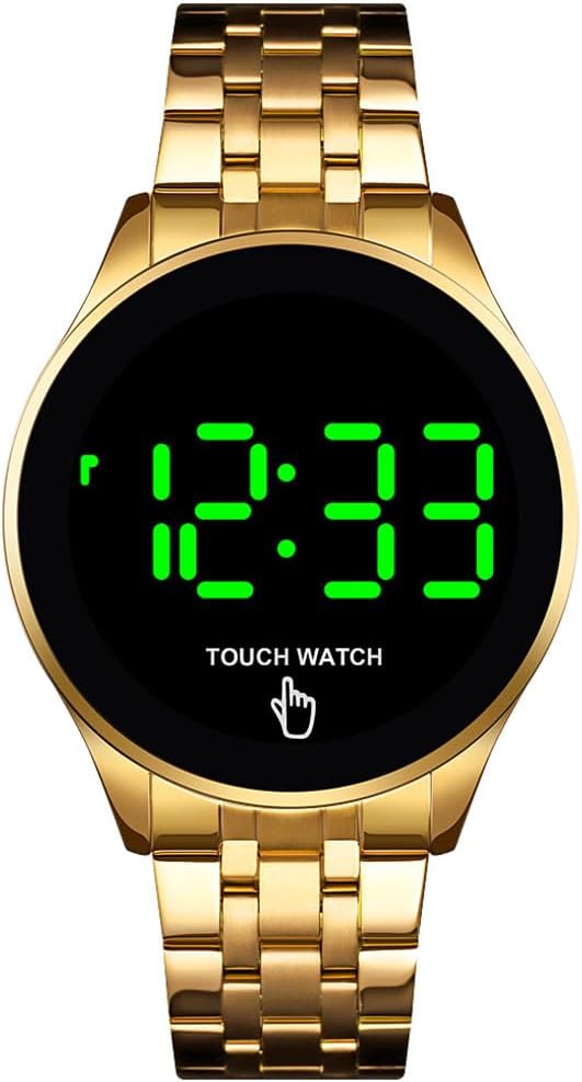 HOTPASOY Touch Screen Digital LED Watch Green Highlight Backlight Stainless Steel WatchBand Waterproof Casual Sport Mens Womens Boys Watch (Gold)