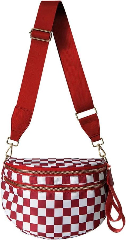HOTBlack and White Checkered Crossbody Bag Bum Bag for Women,Spacious Checkered Purse Fanny Packs Belt Bag