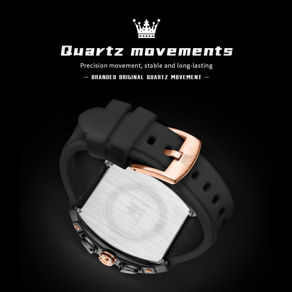 HOTOLEVS Tonneau Square Mens Watches, Fashion Large Face Silicone Band Watches for Men, Multifunctional Chronograph Quartz Men Waterproof Watch
