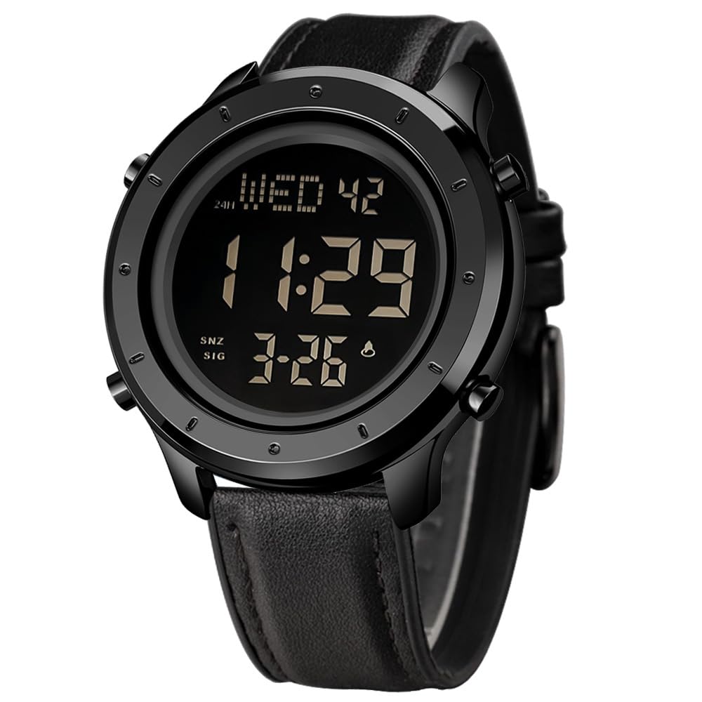 HOTMinimalist Digital Watch Men Wrist Watches Waterproof Mens Leather Watch | Large face brown black watch, Chronograph, Dual Times, 12/24 Hours, EL backlight, Digital wrist stopwatch, Reloj para hombre