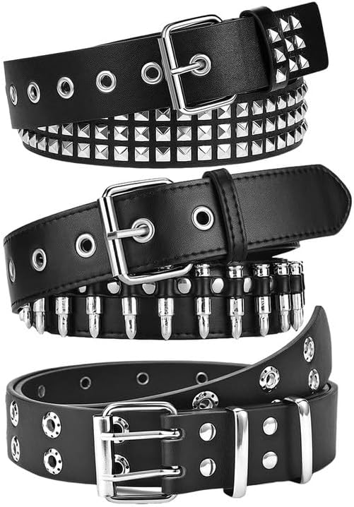 HOT3 Pcs Studded Belt, Y2K Belt EMO Goth Belts Punk Rock with Bullet belts for Women Men