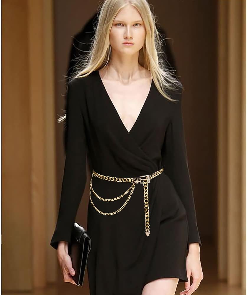 HOTSuyi Chain Belt for Women Girls Gold Metal Waist Chain Multilayer Chunky Chain Belts for Dress