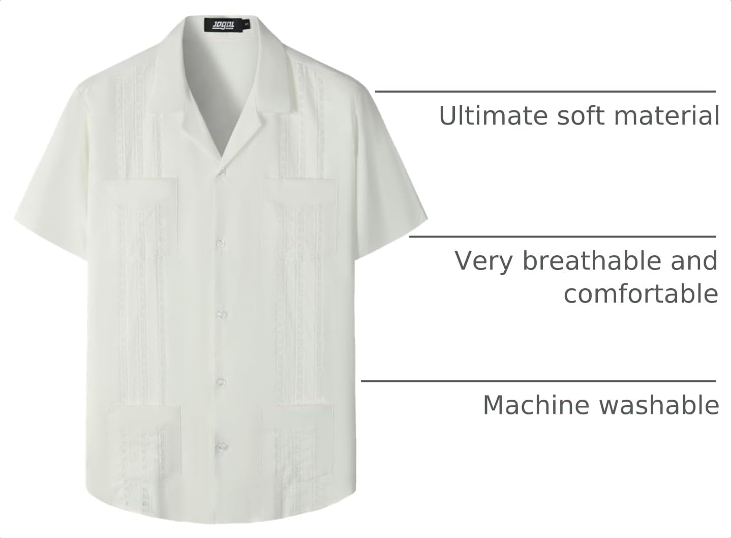 HOTJOGAL Mens Guayabera Shirts Cuban Short Sleeve Casual Button Down Beach Shirt