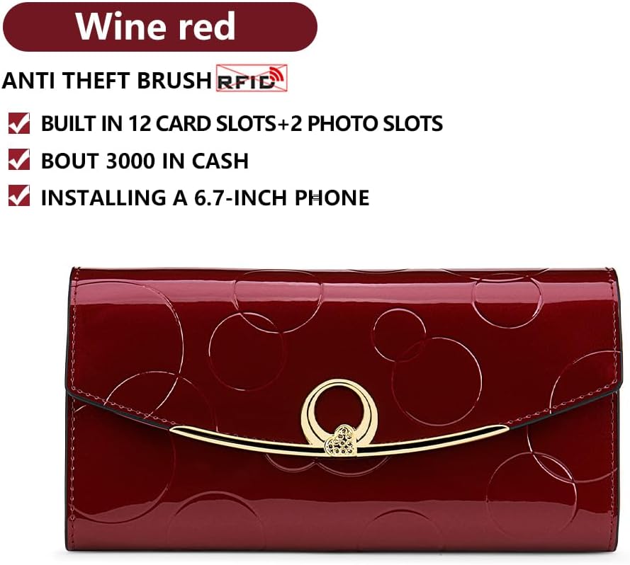 HOTWallet Women's Genuine Leather Long Three Fold Wallet Bright Leather Large Capacity Buckle, Circled Embossed Pattern, RFID and Magnetic Anti Theft (Wine Red)