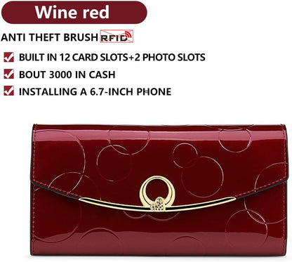 HOTWallet Women's Genuine Leather Long Three Fold Wallet Bright Leather Large Capacity Buckle, Circled Embossed Pattern, RFID and Magnetic Anti Theft (Wine Red)