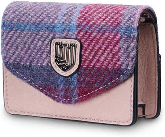 HOTIslander The Card Case - Made of Microfibre Leather & Harris Tweed, 4.13'x3.14' (Pink and Blue Tartan)